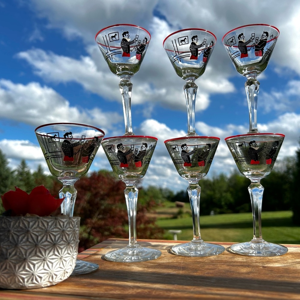 Vintage Libbey Pickwick Merrymaker Martini Glasses, Midcentury Equestrian Cockta